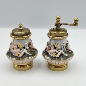 Capodimonte Salt Shaker‎ and Pepper Mill High Relief Italy Vintage Nudes Cherubs